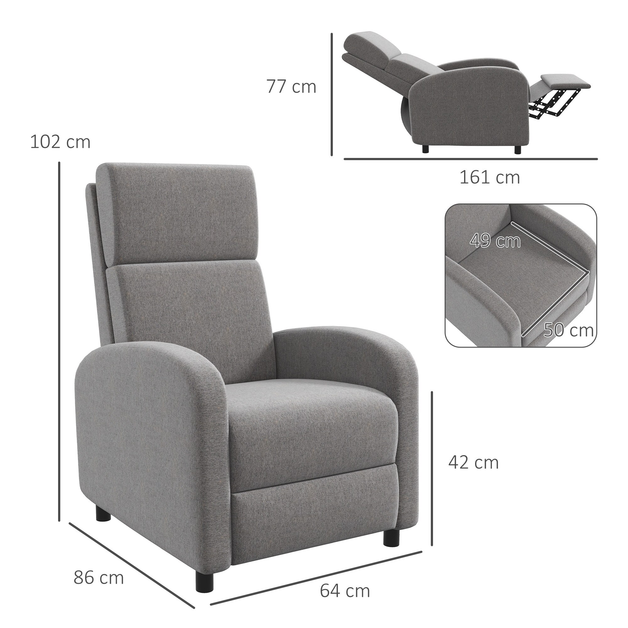HOMCOM Relaxsessel mit Fußstütze grau 64L x 86B x 102H cm