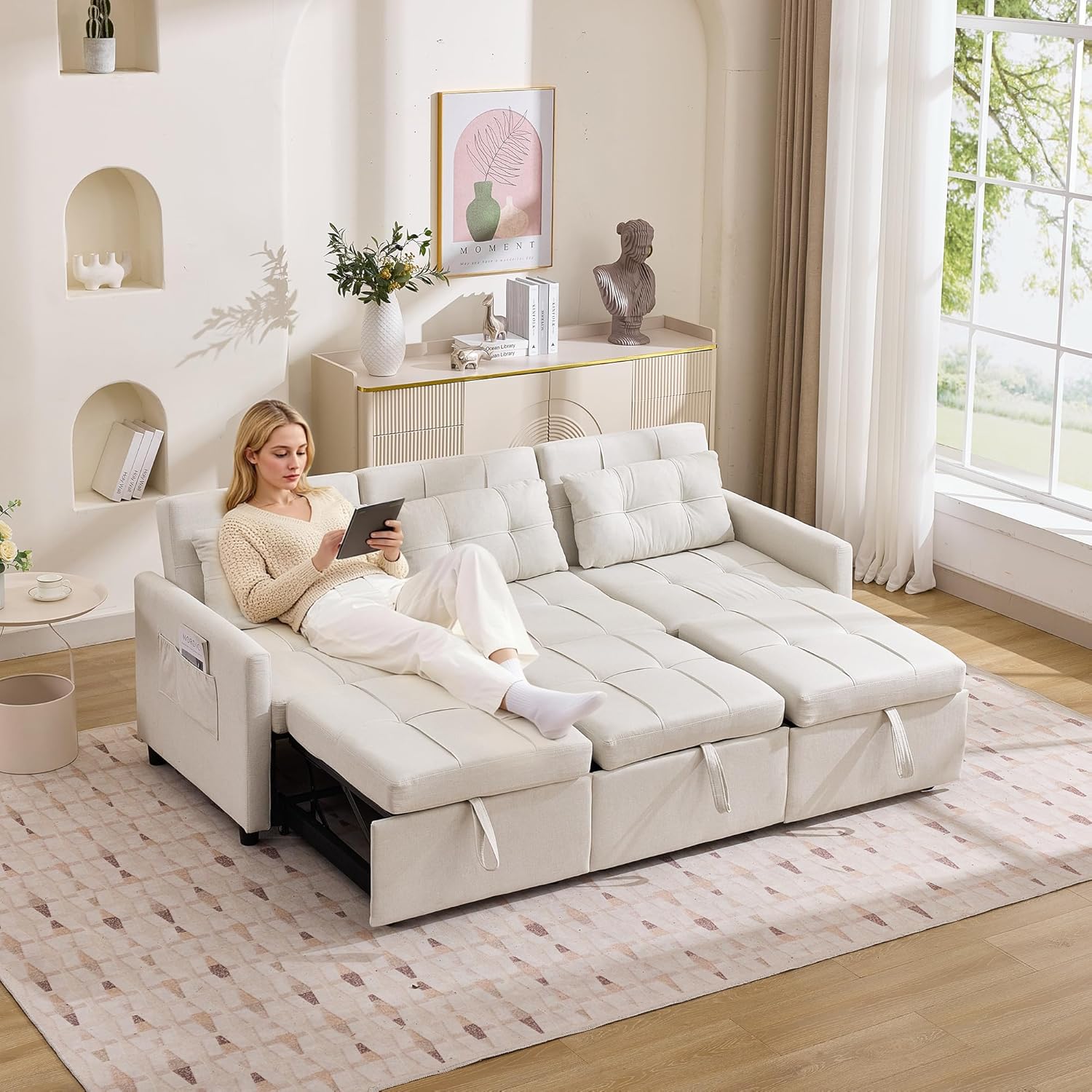 Bladez L-förmiges Ecksofa mit Schlaffunktion Schlafsofa mit Verstellbare Rückenlehne Modernes 3-Sitzer Eckcouch mit Chaise Longue für Wohnzimmer (Beige-C)