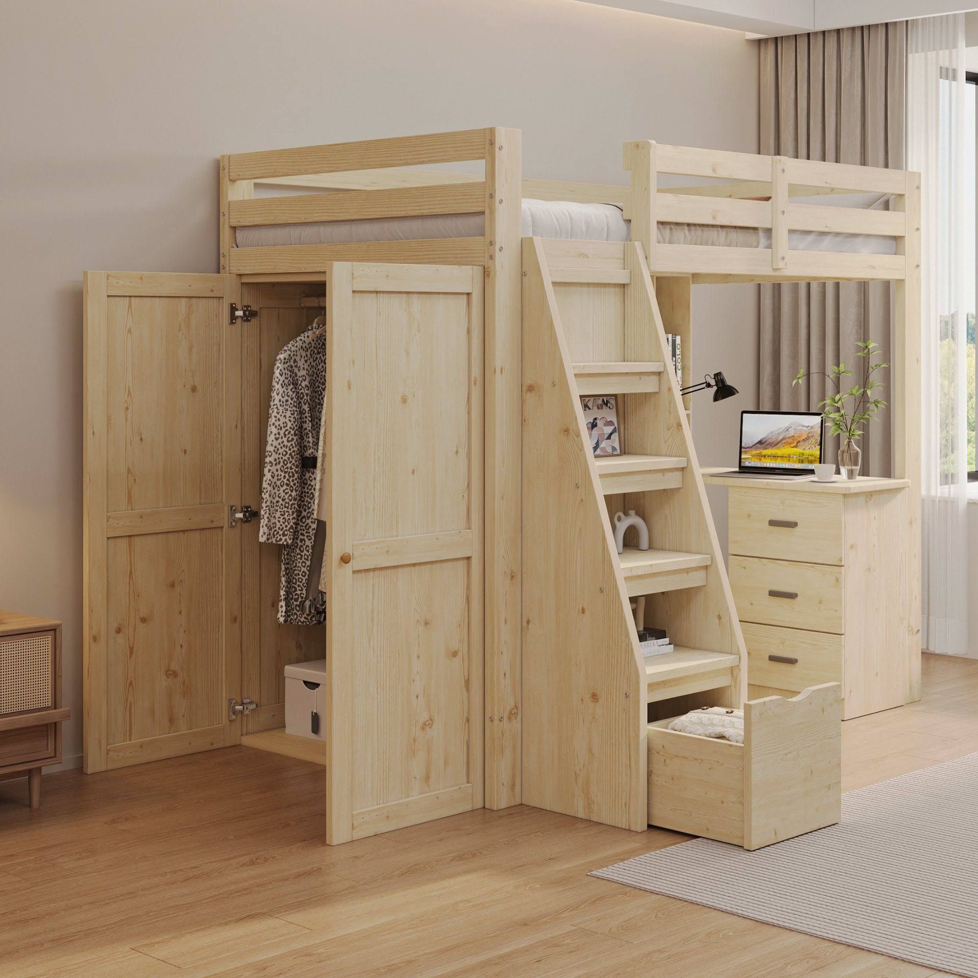 OKWISH Kinderbett Jugendbett Hochbett Stauraumbett Einzelbett