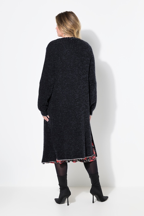 Strickjacke, extra lang, Ausschnitt mit Zierstich