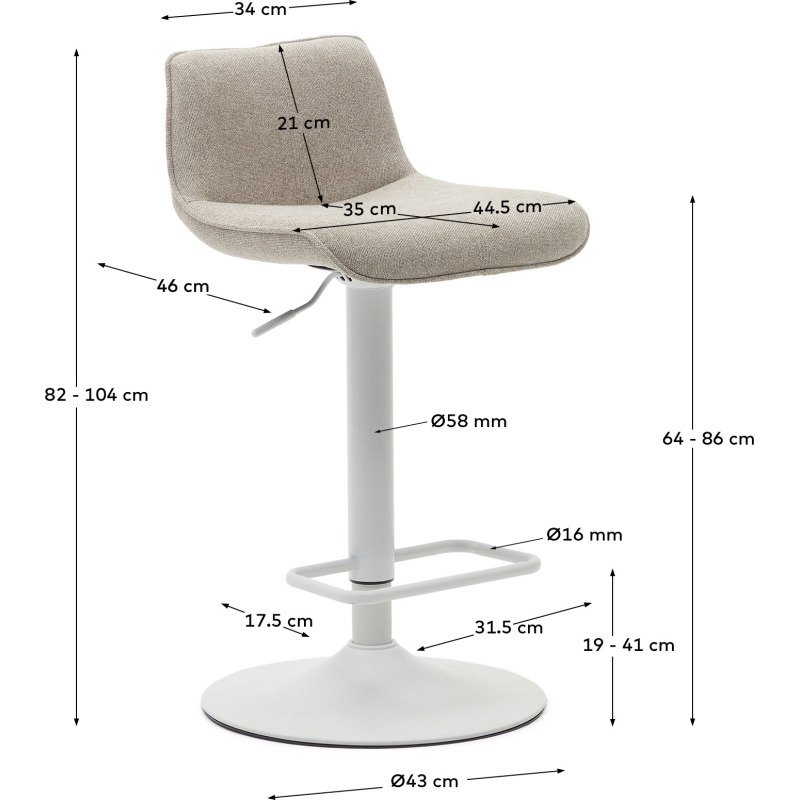 Tabouret Zenda en chenille beige et acier blanc mat 81-102 cm