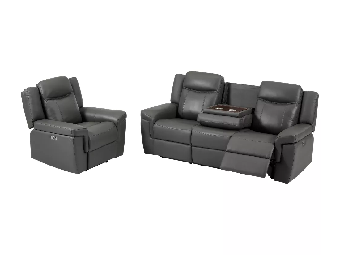 Canapé 3 places et un fauteuil relax électrique en cuir KENNETH - Gris