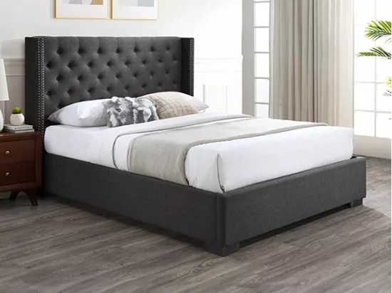 Lit coffre 140 x 200 cm avec tête de lit capitonnée - Tissu - Gris + Matelas - MASSIMO