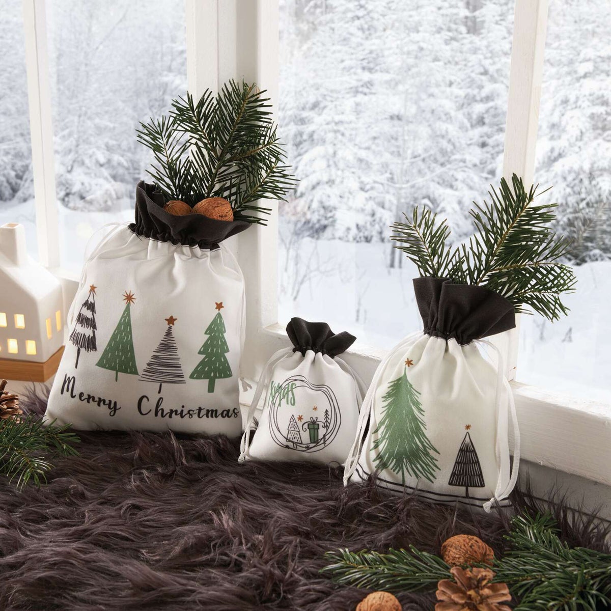 FRANK FLECHTWAREN | KERSTcadeauzakjes, set van 3, POLYESTER, 12 x 16 cm, 15 x 22 cm, 20 x 26 cm