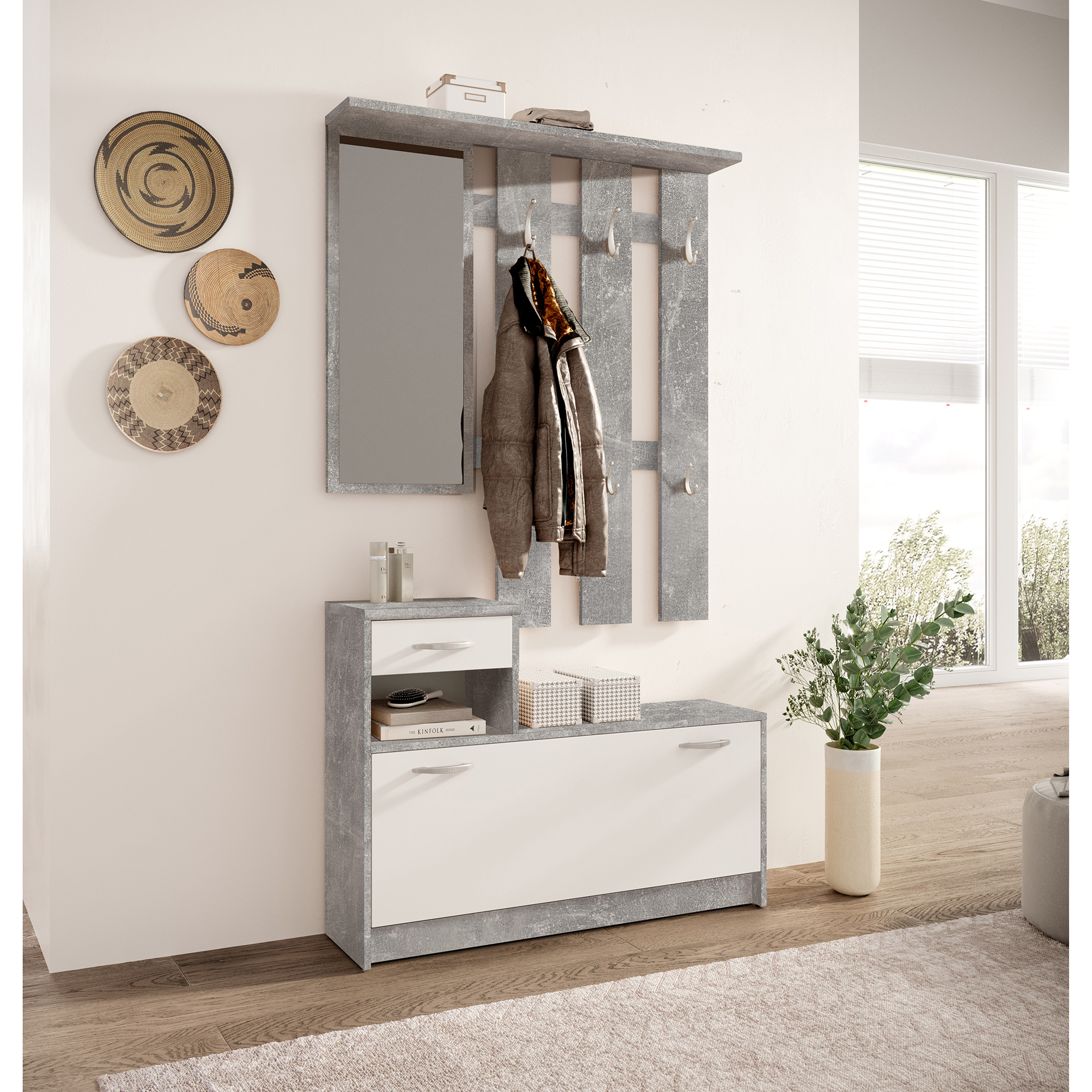 Garderobe - Betonoptik-weiß - mit Schubkasten