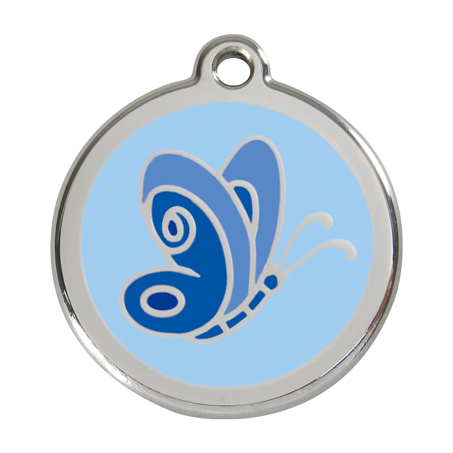 Placa de identificação para cães em aço inoxidável esmaltado azul claro com borboleta