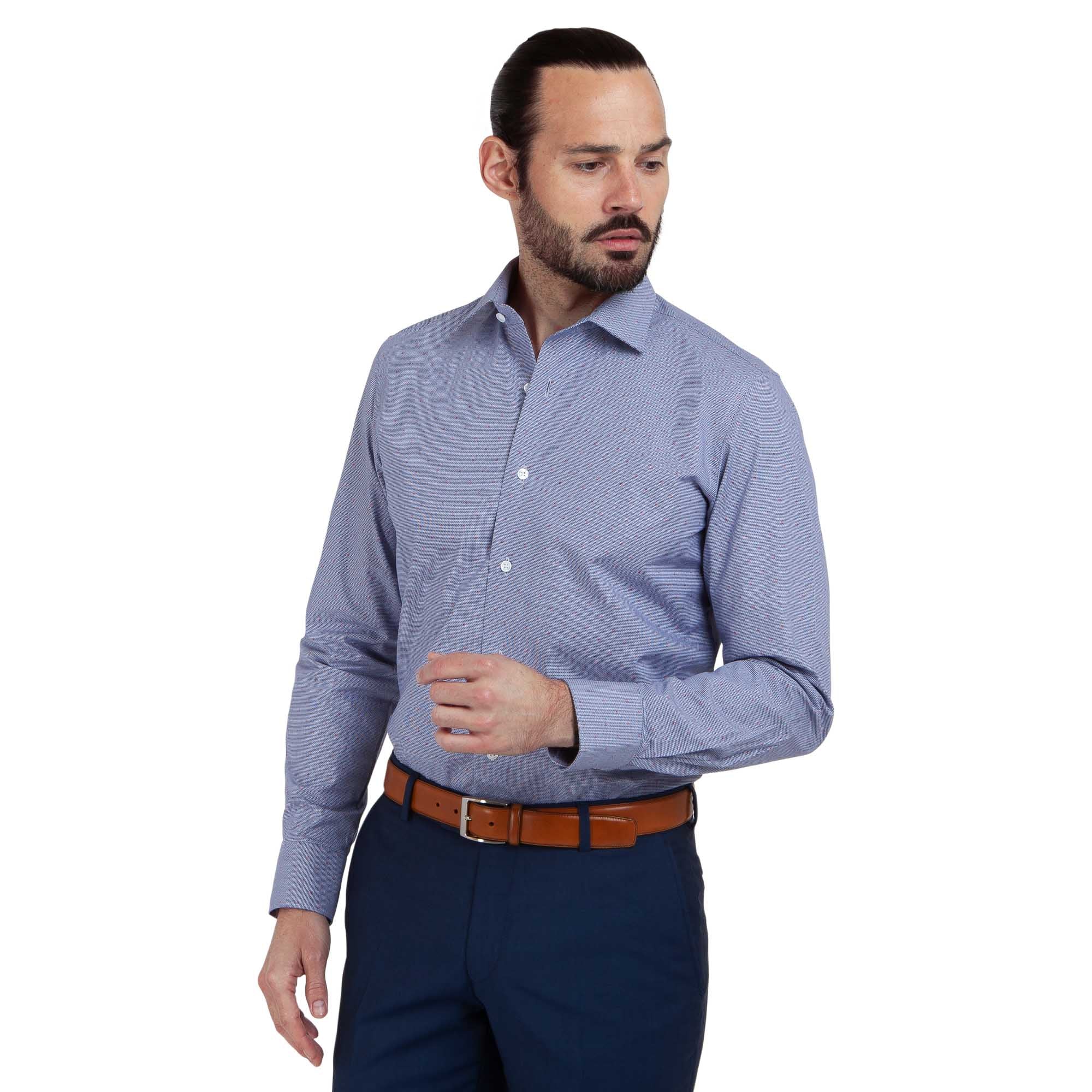 Chemise cintrée micro pied de poule bleu et motif rouge