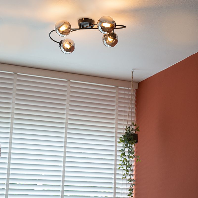Moderne plafondlamp zwart 4-lichts met smoke glas - Athens