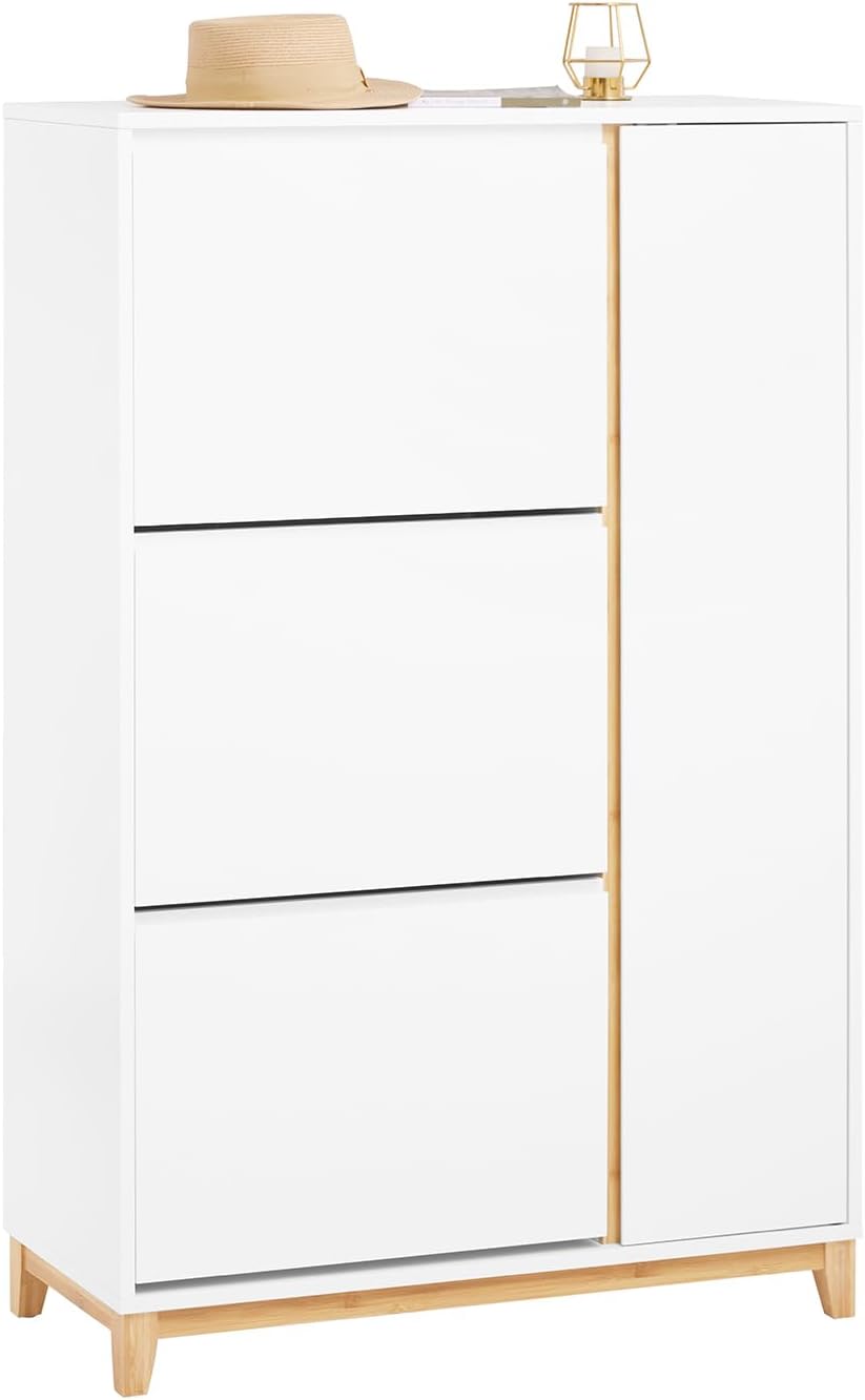 SoBuy Schuhschrank schmal hoch – Schuhkipper mit 3 Klappen und Seitenfächern, schuhregal geschlossen für Flur & Diele, platzsparend, schuhschrank Weiss Natur, 80x122x34cm, FSR189-WN