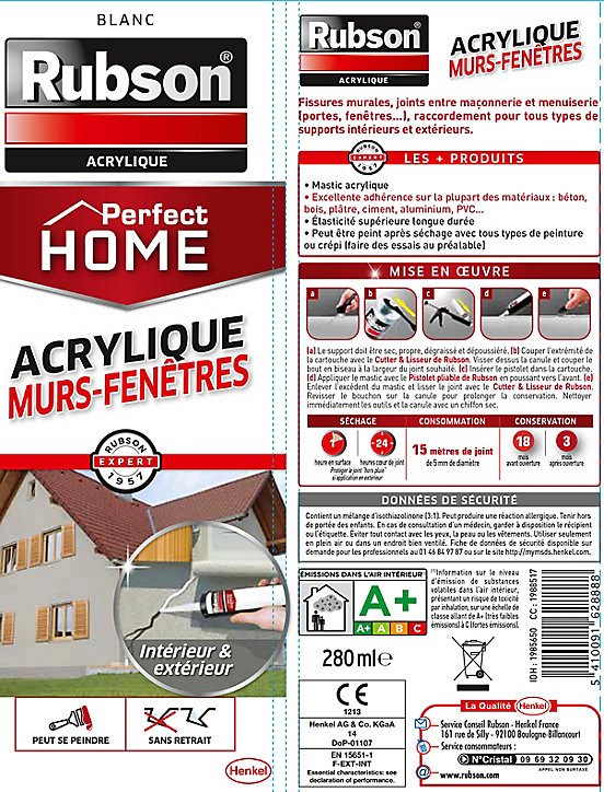 Mastic Rubson Maison Acrylique Murs-Fenêtres blanc cartouche 280ml