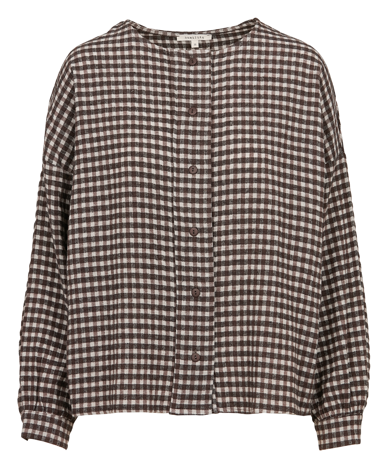 Chemise col rond ample en coton mélangé à carreaux | Marron
