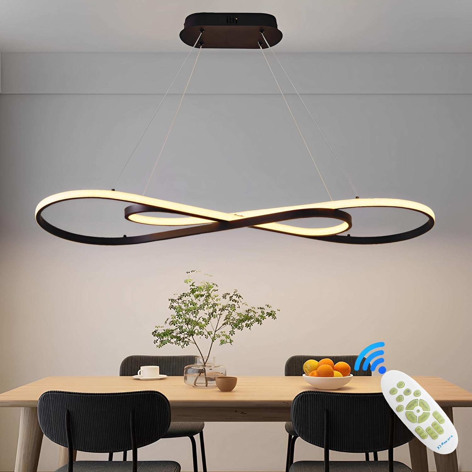 57W Dimmbare LED Pendelleuchte, Doppelfigur 8 Design Hängeleuchte mit Fernbedienung, Pendellampe Hängend Höhenverstellbar, Hängelampe für Wohnzimmer, Esstisch, Esszimmer, Küche, Schwarz