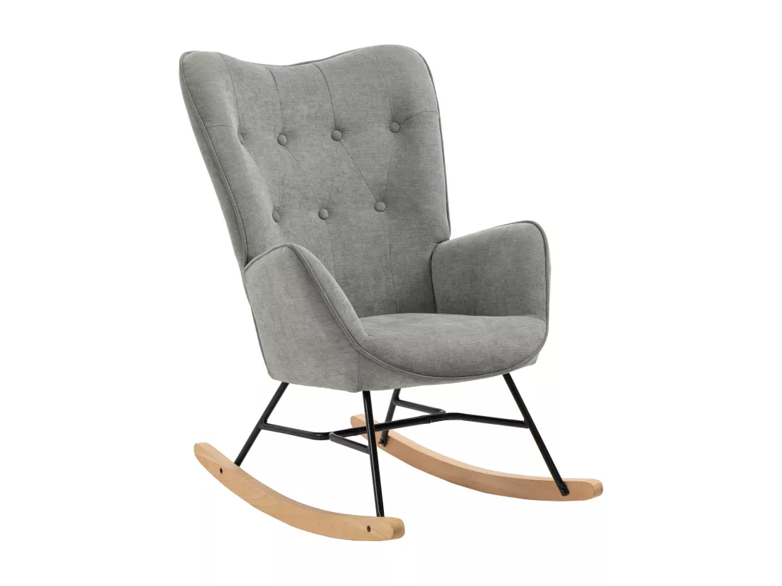 Fauteuil à Bascule Allaitement Scandinave Chaise Loisir et Repos en Tissu avec Pieds en E' Bois Métal pour Salon, Chambre, Massif, Gris Clair