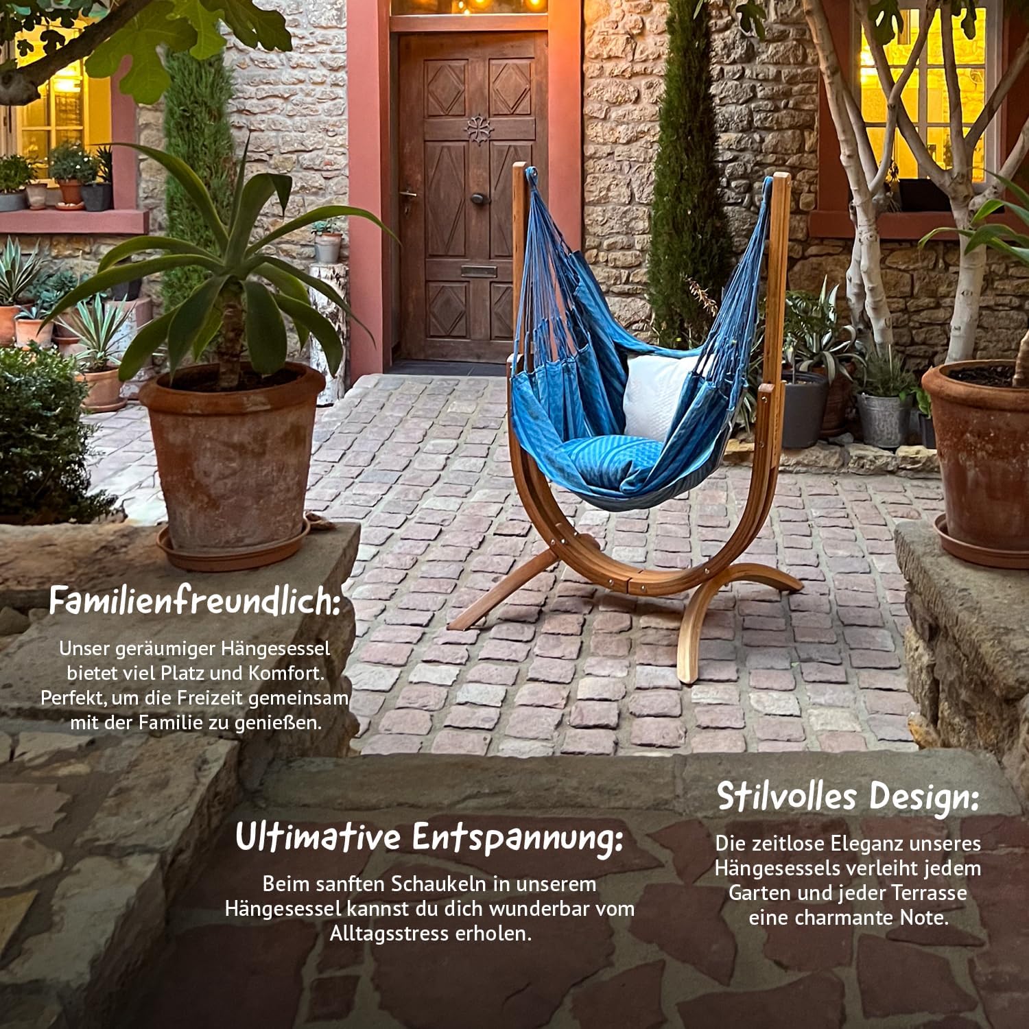 LA SIESTA® - Udine Bio-Baumwoll-Hängesessel mit Holzgestell - Handgefertigter, Reißfester, Weicher Indoor Hängesessel mit Gestell, FSC-zertifizierter Eukalyptus-Ständer für Balkon Garten - Blue Zebra