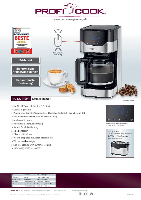 ProfiCook Kaffeeautomat PC-KA 1169 Edelstahl schwarz