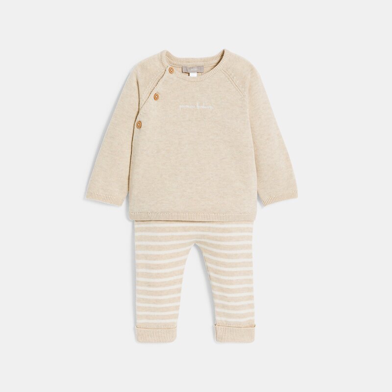 Pull et pantalon maille tricot rose bébé fille Beige