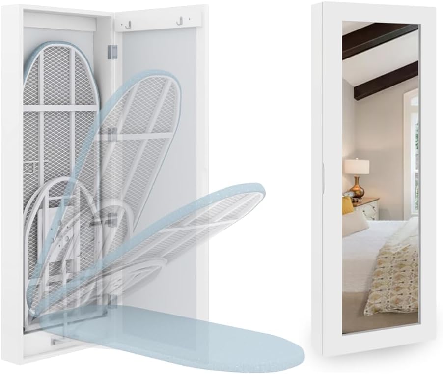 Slim Wall Mounted Ironing Board Cabinet, 180° schwenkbare Metallbasis & Spiegel, Faltbare Bügelbretter für Wäsche, Keine Montage erforderlich, platzsparend