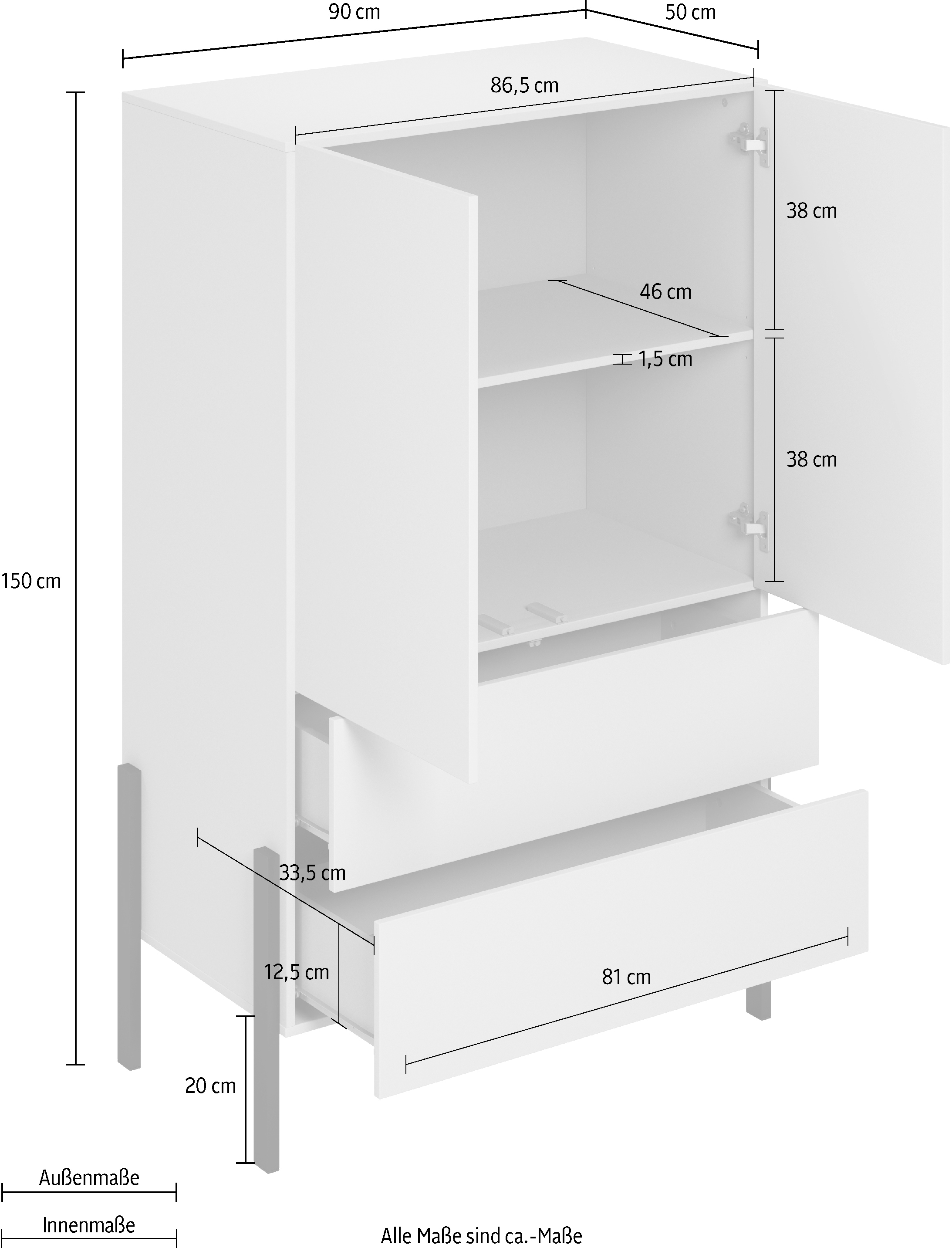 Home affaire Wäscheschrank »Jukon, moderner griffloser Kleiderschrank, Metallfüsse, Made in Europe« 90x150x50, ideal für kleine Räume oder Nischen,  Mehrzweckschrank ,2 Schubladen, 2 Türen, FSC-zertifiziert