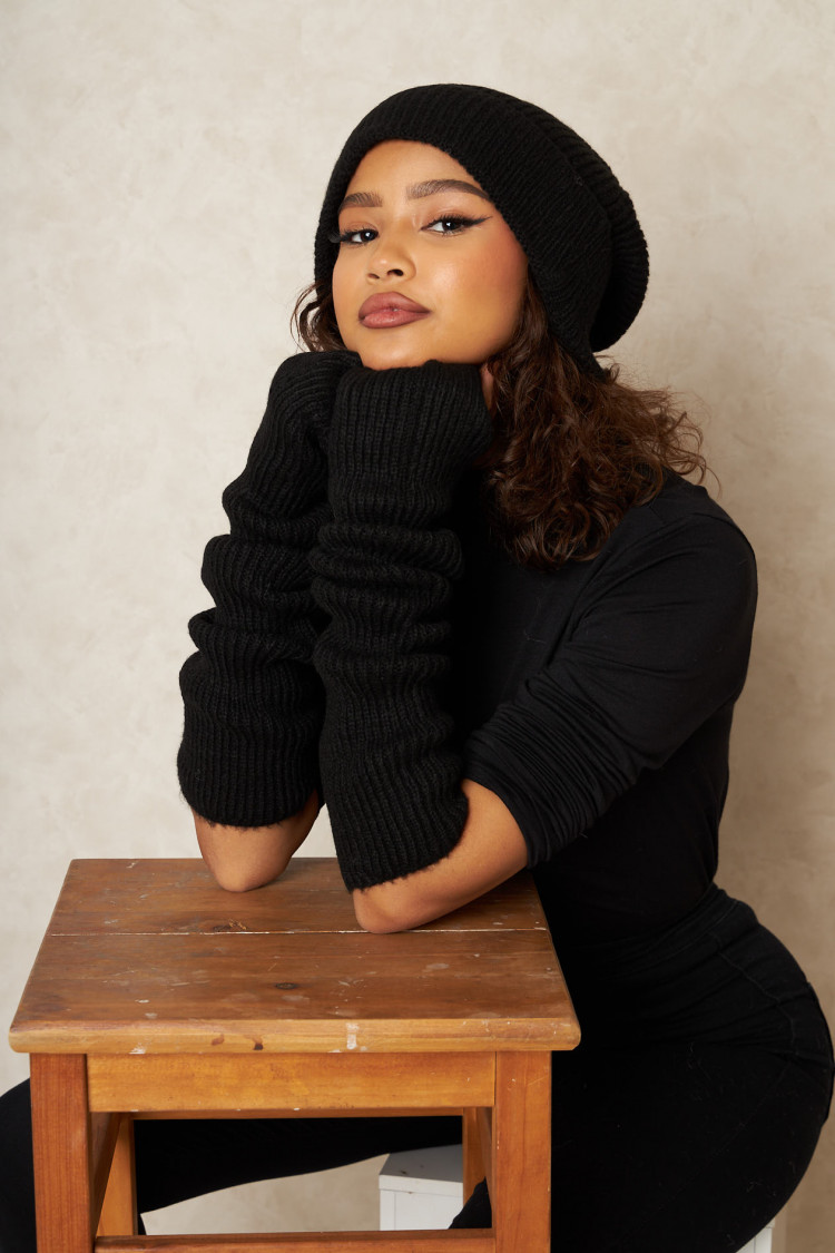 Ensemble 2 pièces bonnet et mitaine en laine noir