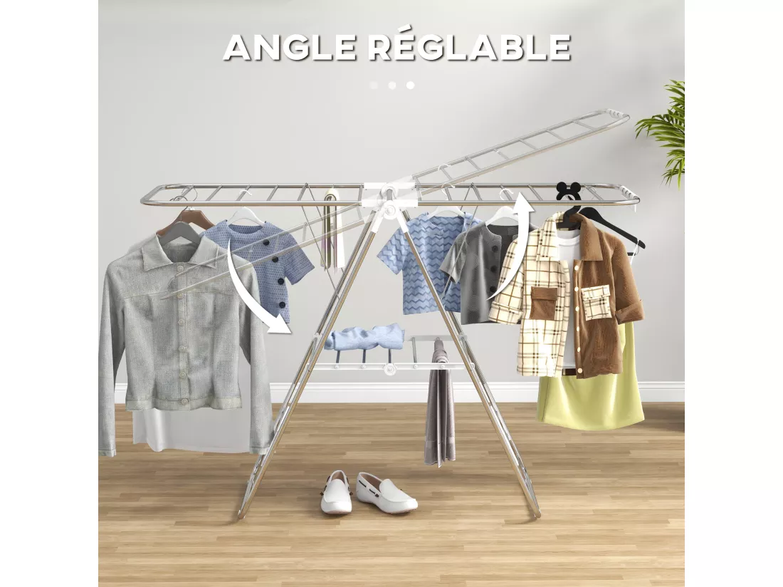 Séchoir à linge pliable sur pied - étendoir 2 niveaux ajustables - acier PP blanc