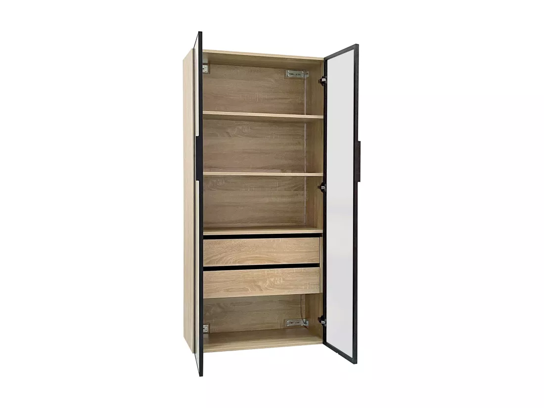 Vitrine、Meuble de salle de bain avec LED - 2 grands tiroirs et 2 portes vitrées - Naturel