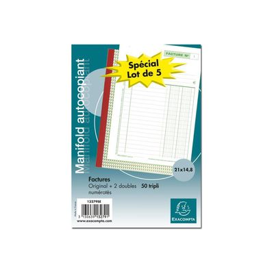 Exacompta - 5 Manifolds Carnets de factures - 50 tripli - 21 x 15 cm