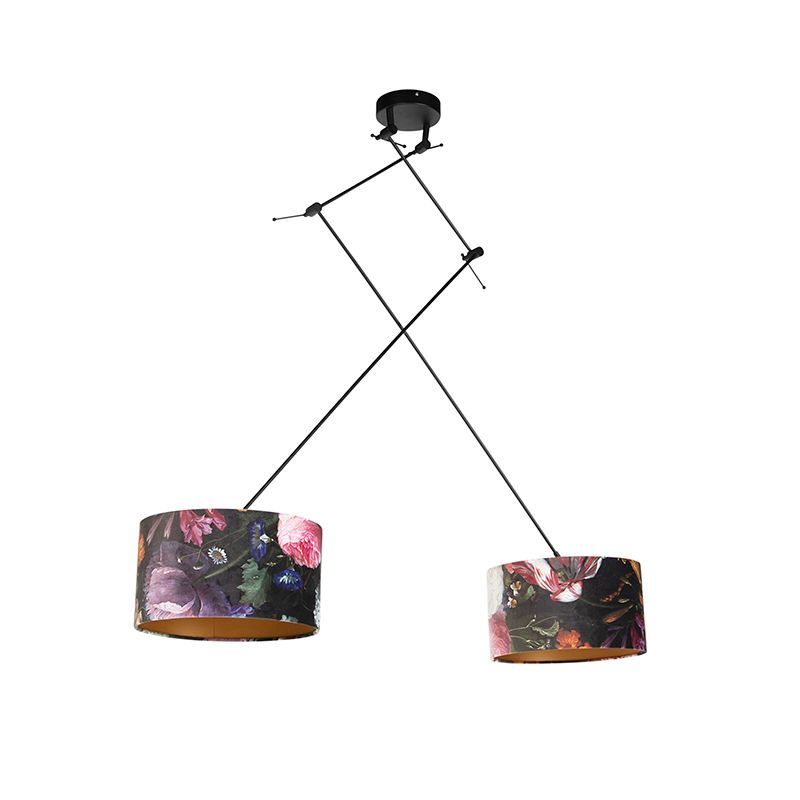 Hanglamp zwart met velours kappen bloemen met goud 35 cm 2-lichts - Blitz