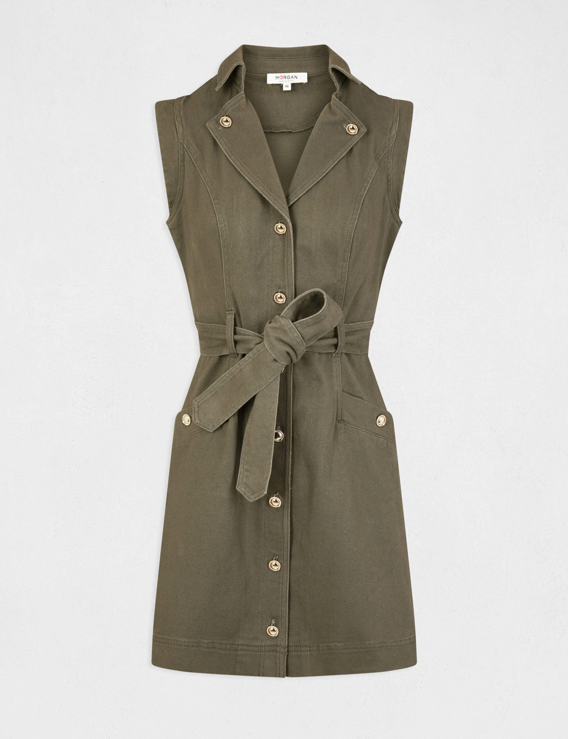 Robe droite boutonnée ceinturée vert kaki femme - vert_kaki