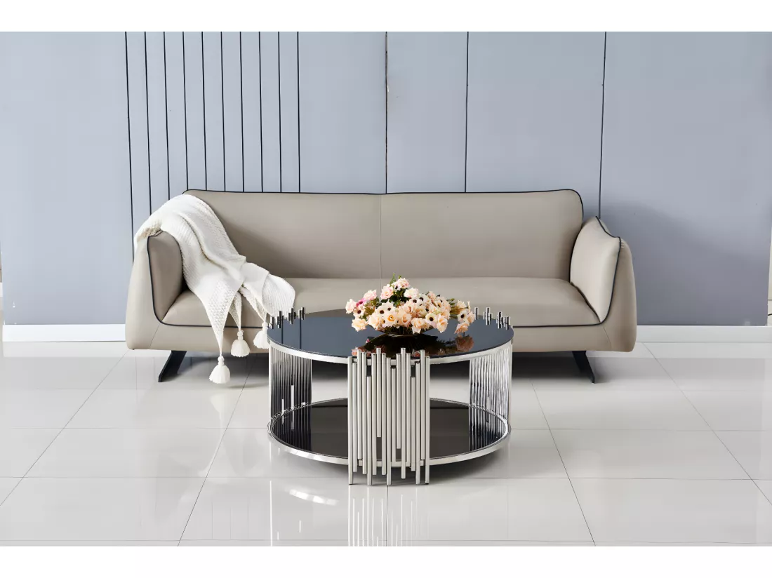 Table basse ronde stick chrome verre noir d90 h45 cm