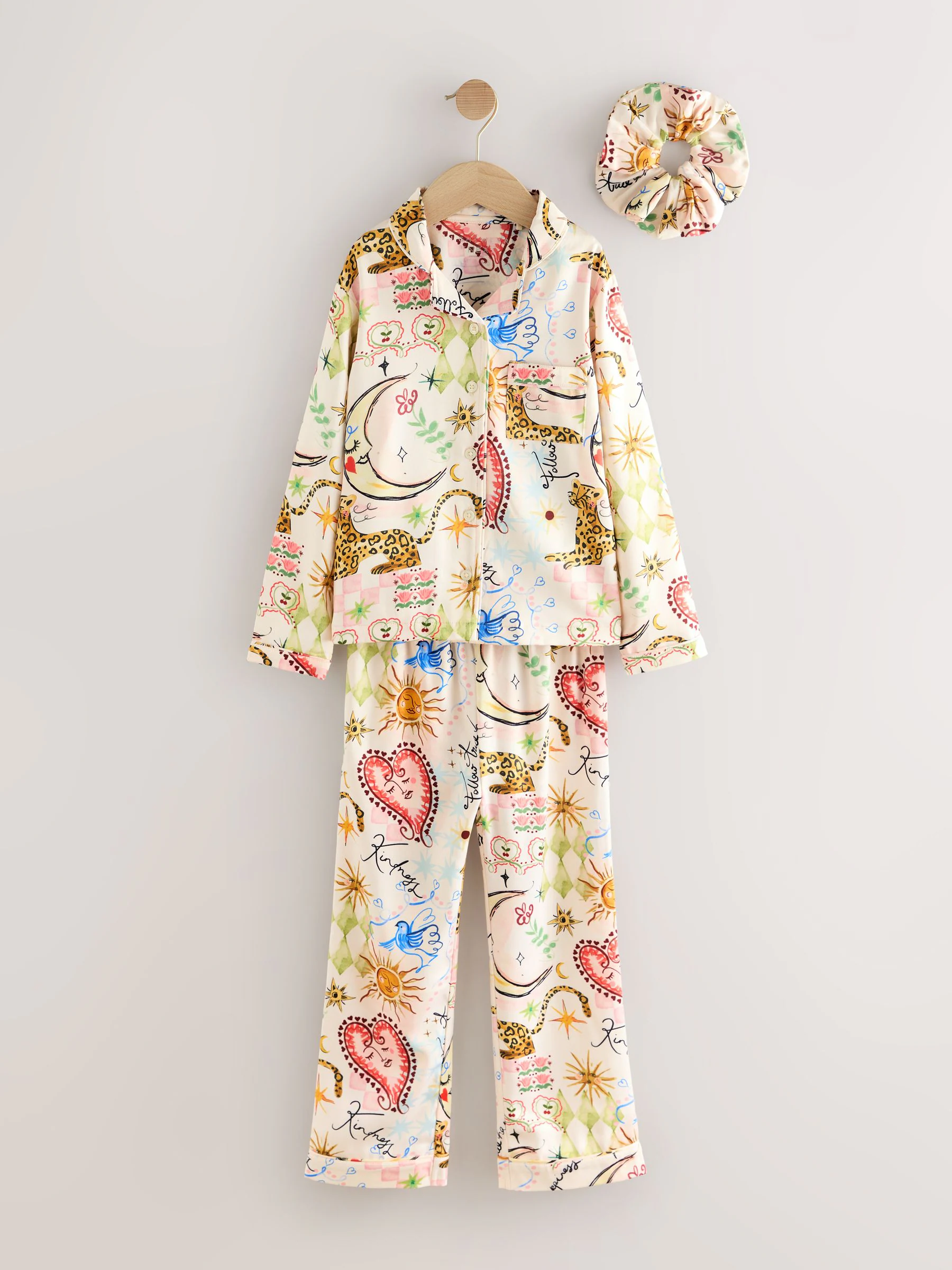 Ecru met hemelse print - Satijnen pyjama met knoopsluiting (6-16jr)