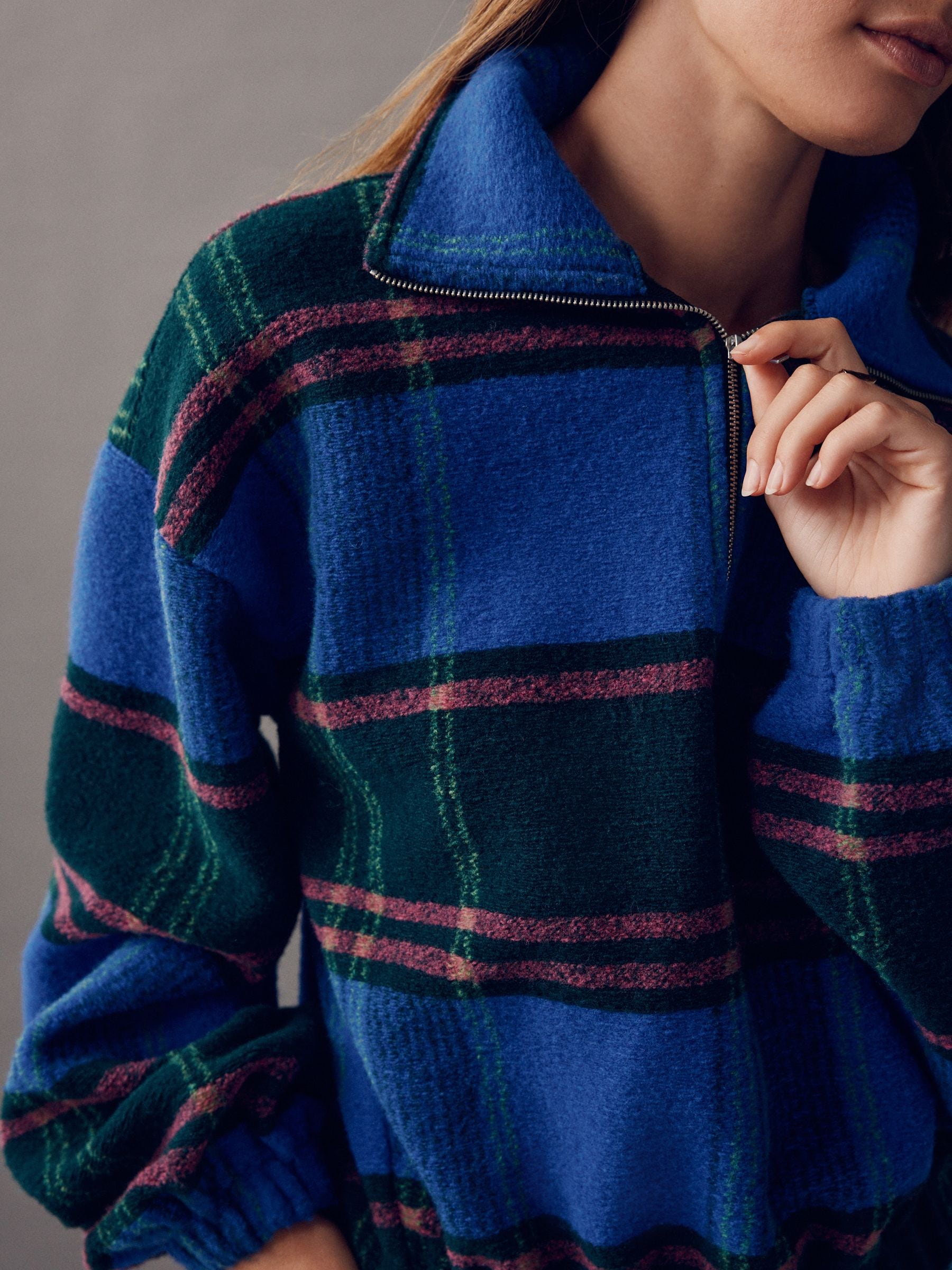 Kobaltblauw - Check Soft Brushed Zip Funnel Neck Teddy Fleece Jacket