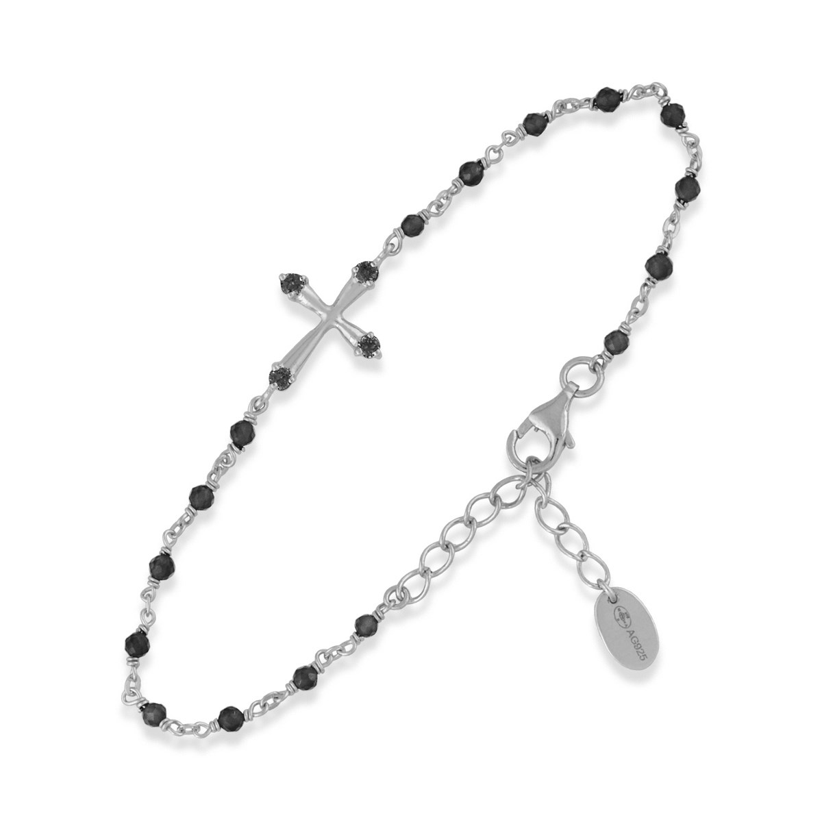 Bracelet En Argent Rhodié Croix Pierres Naturelles Noires