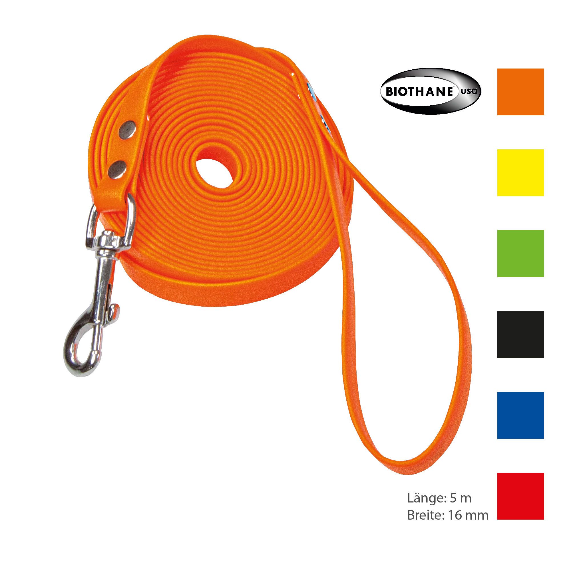 Schecker schwarze Biothane® Schleppleine mit Handschlaufe - 5m/16mm - extrem widerstandsfähig