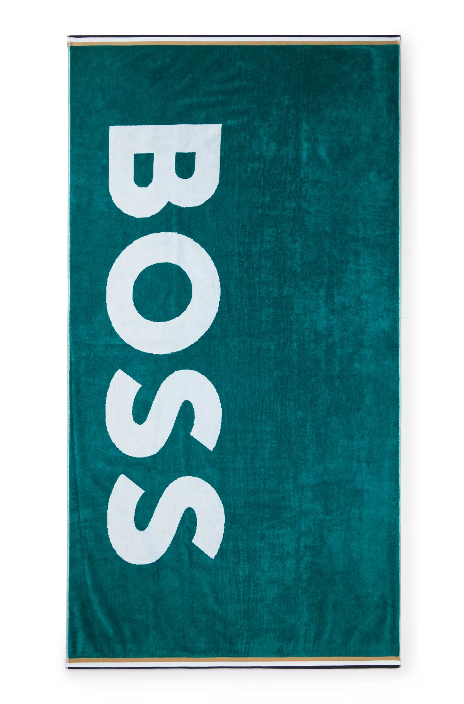 Toalha de praia BOSS em algodão preto com logotipo e listras características.