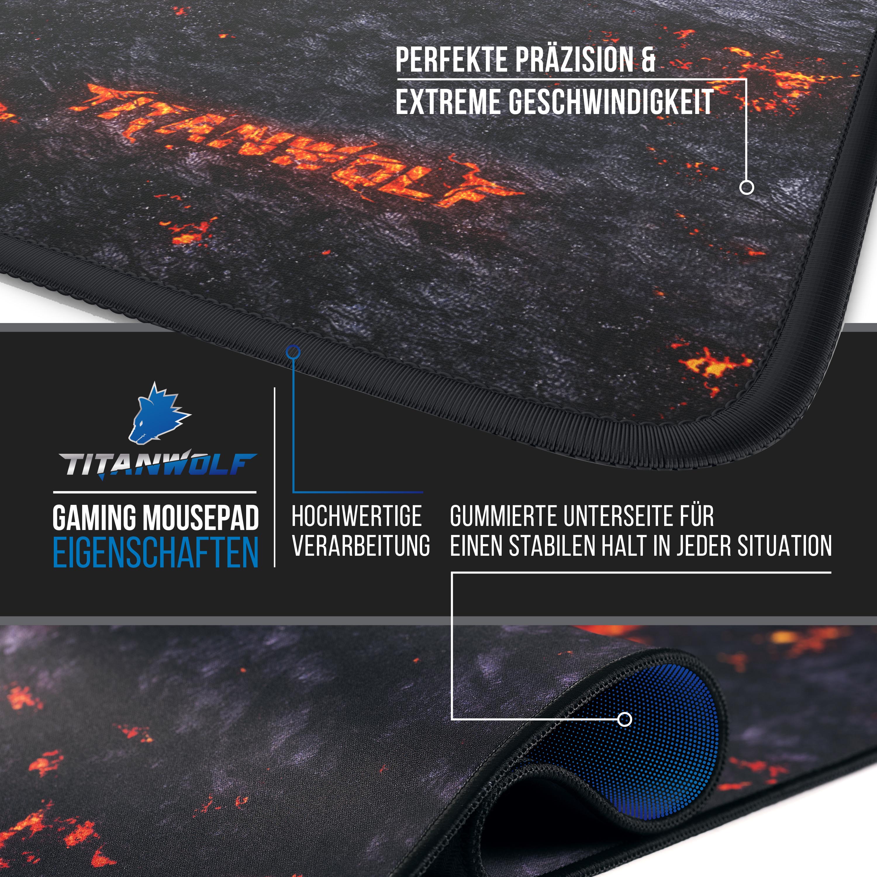 Titanwolf Gaming Mauspad XL, 440 x 350mm Mousepad mit Stoffoberfläche, Gummierte Rückseite, Lavamotiv