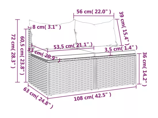 Canapés centraux de jardin et coussins 2pcs Noir Résine tressée