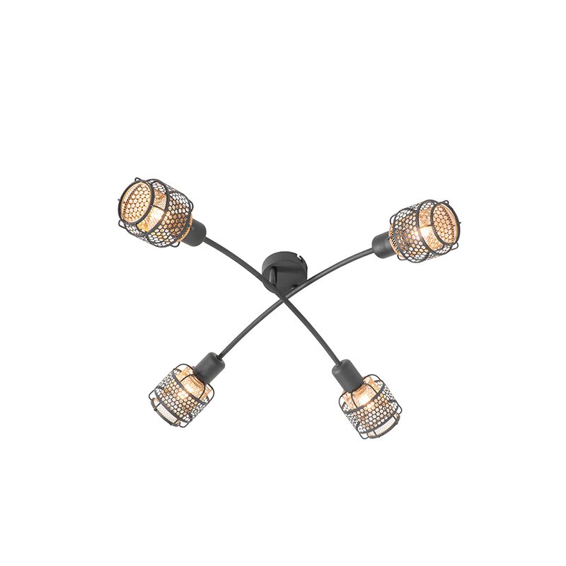 Design plafondlamp zwart met goud 4-lichts - Noud
