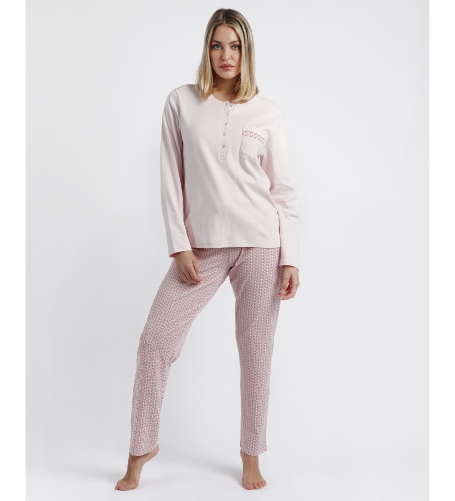 Pijama Admas Rose Chains de manga comprida com abertura frontal rosa