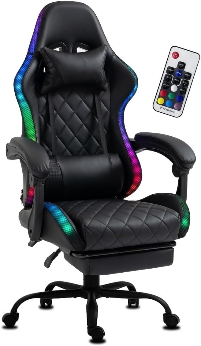 Delman Gaming-Stuhl Bürostuhl Gaming Stuhl mit LED, RGB Beleuchtung, Drehstuhl, Dicke Polsterung, Metallfußkreuz, Fußstütze 02-0055 (Schwarz)