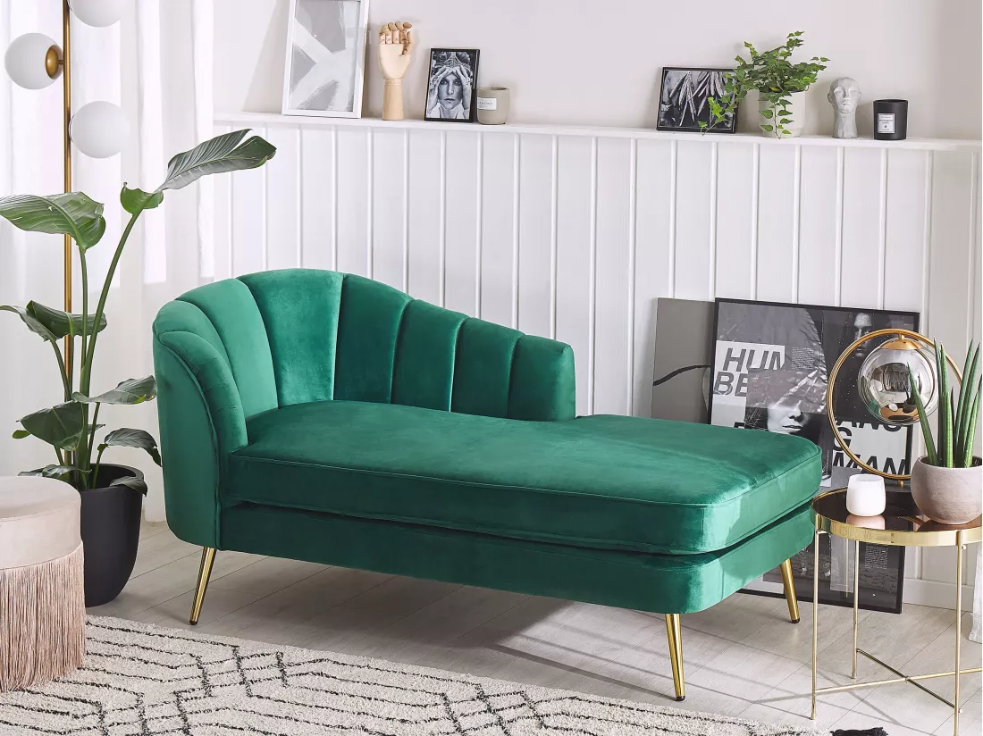 Chaise longue côté droite en velours vert émeraude ALLIER