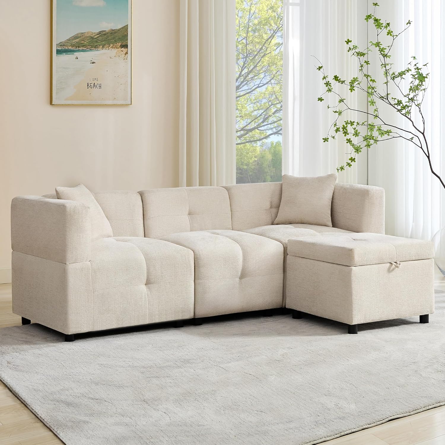 Merax 3-Sitzer Ecksofa mit Stauraum und abnehmbarem Hocker – Modernes L-förmiges Schlafsofa mit 2 Kissen für Wohnzimmer, Büro & kleine Wohnungen