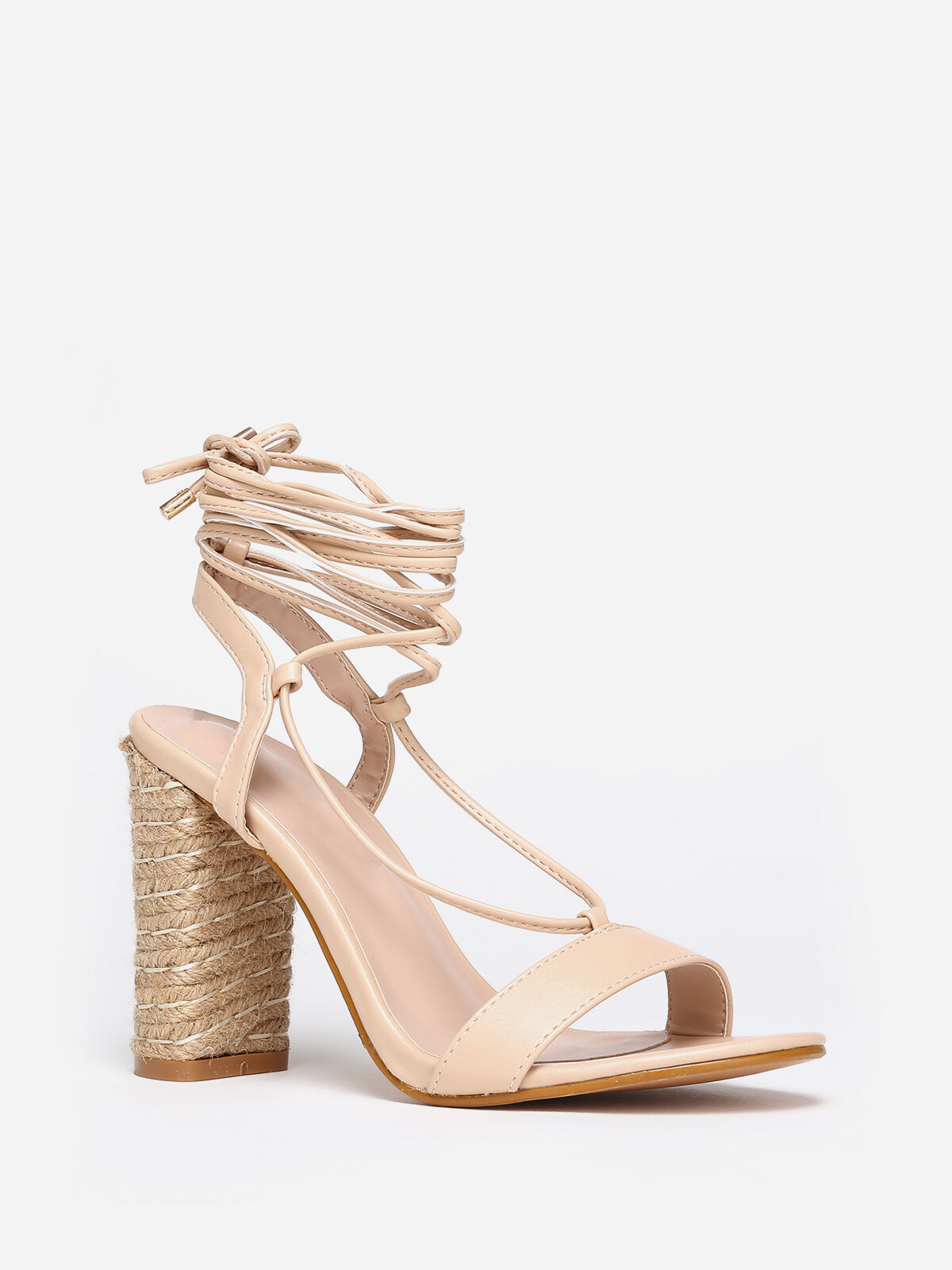 Sandales à talon cordage avec laçage- Beige