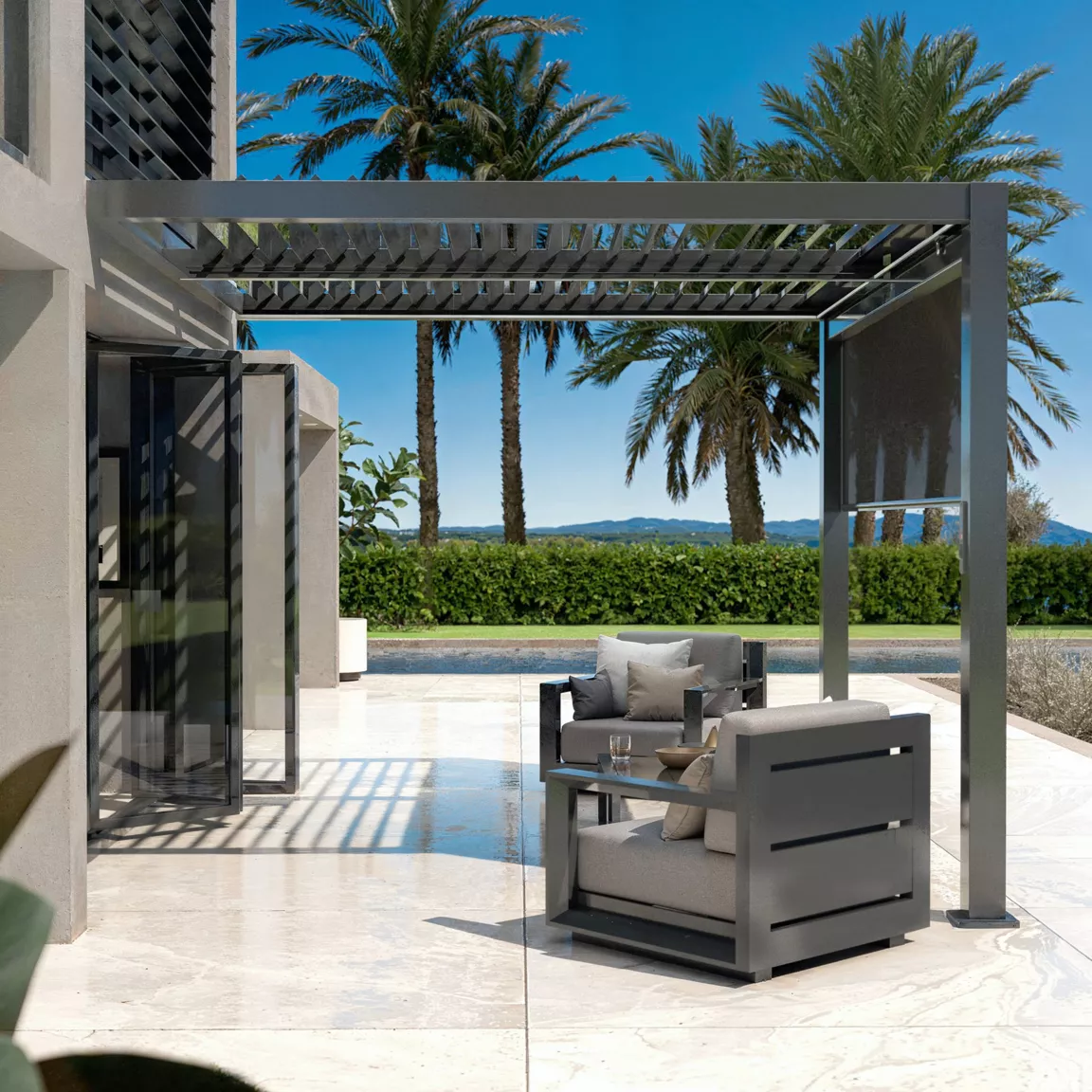 Pergola bioclimatique Adossée motorisée aluminium et LED(3 x 3 m) Gris anthracite