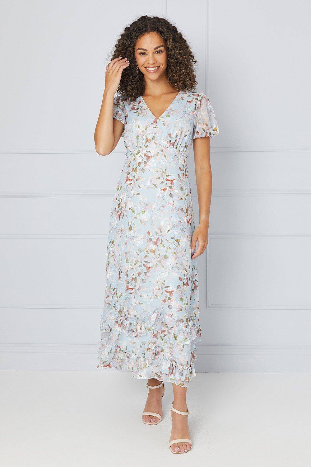 Wallis Robe Mi-Longue en Satin Fleuri à Ourlet Volant
