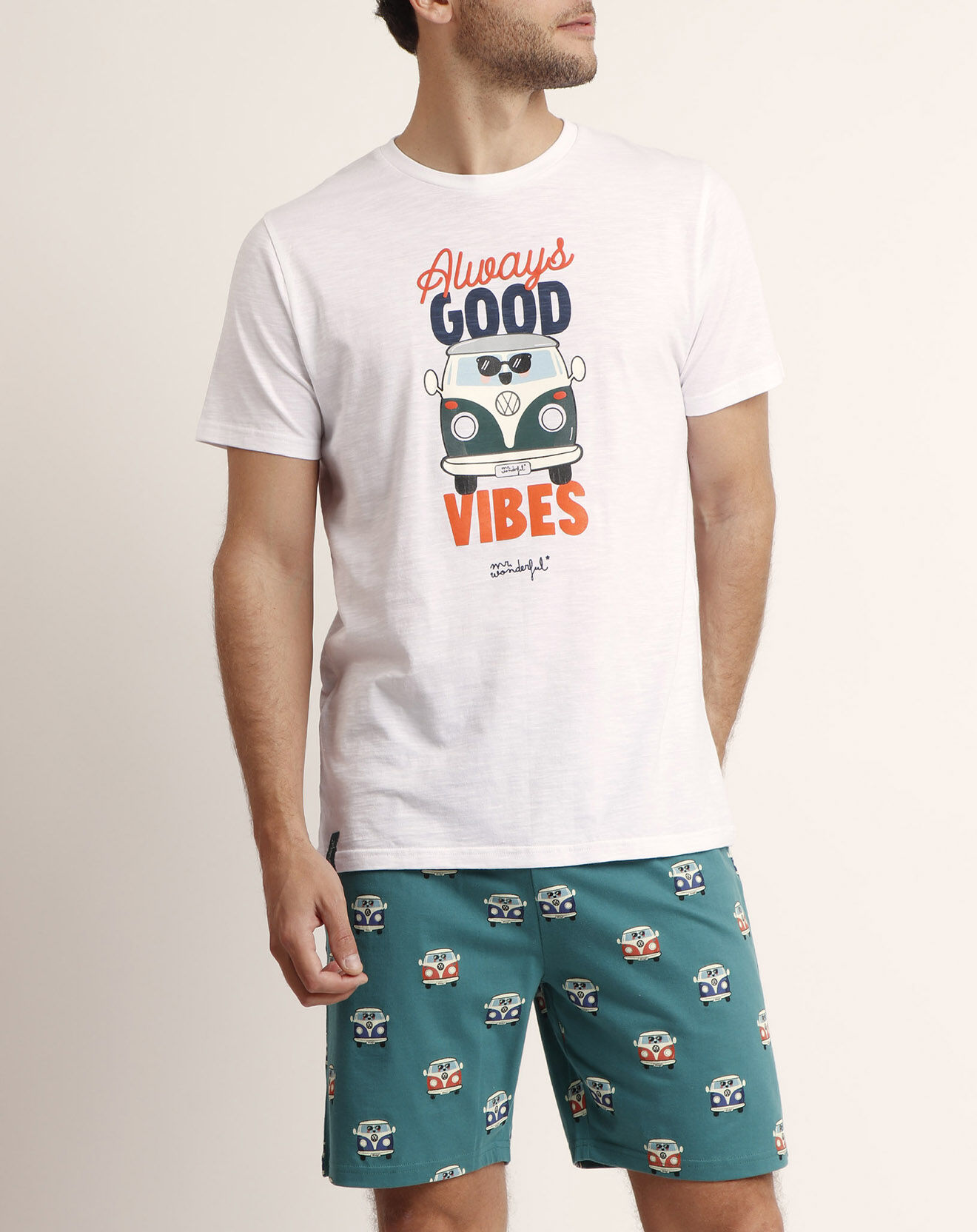 Mr Wonderful Pyjama T-Shirt & Short Solal blanc/vert