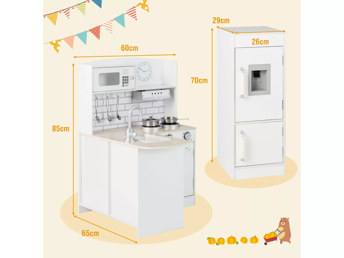 Cuisine d’Angle Enfants avec Réfrigérateur Séparé, Cuisinière de Jeu en Bois avec Distributeur d'eau, Evier, Hotte et Ustensiles, Jouet d’Imitation pour Tout-Petits de 3 Ans+