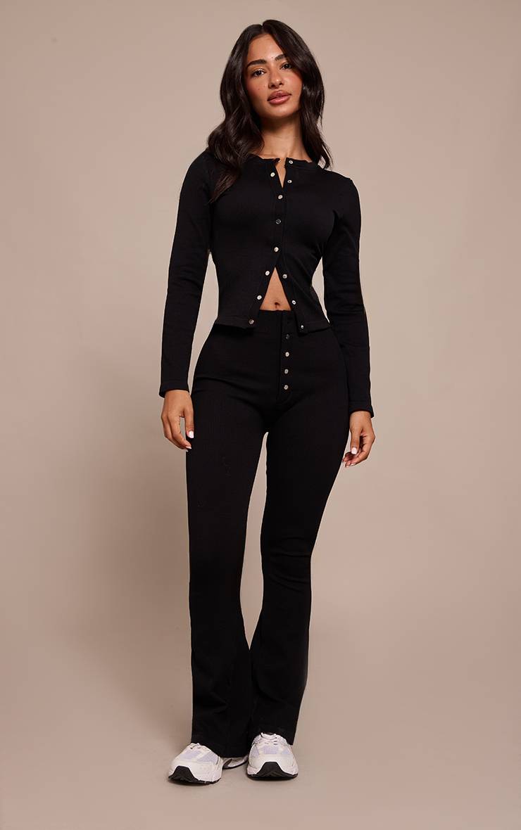 Noir Legging Évasé Côtelé Ajusté À Détails Boutons Petite