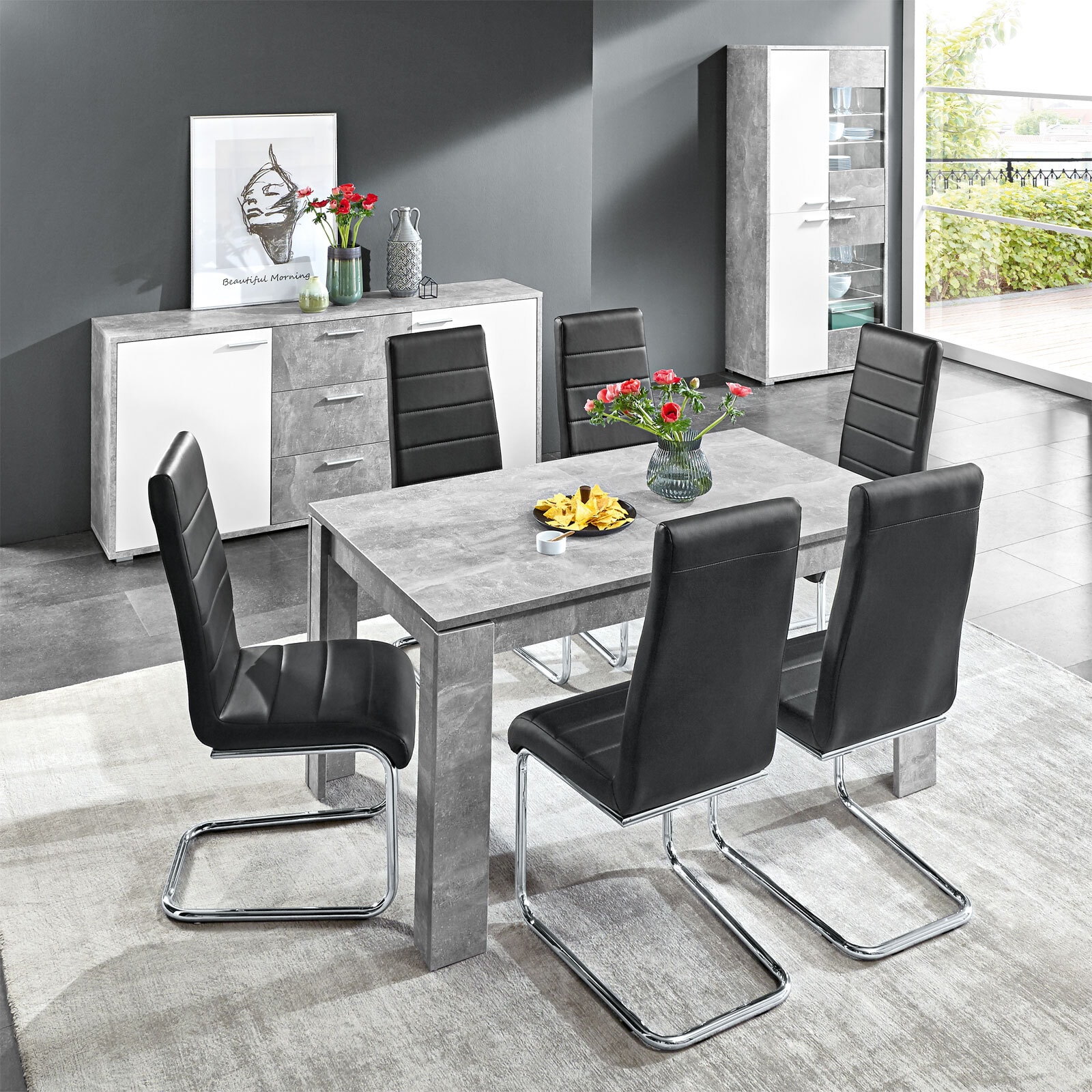 Vitrine Mountain Weiß Hochglanz/Beton-Optik 90 x 197 x 37 cm