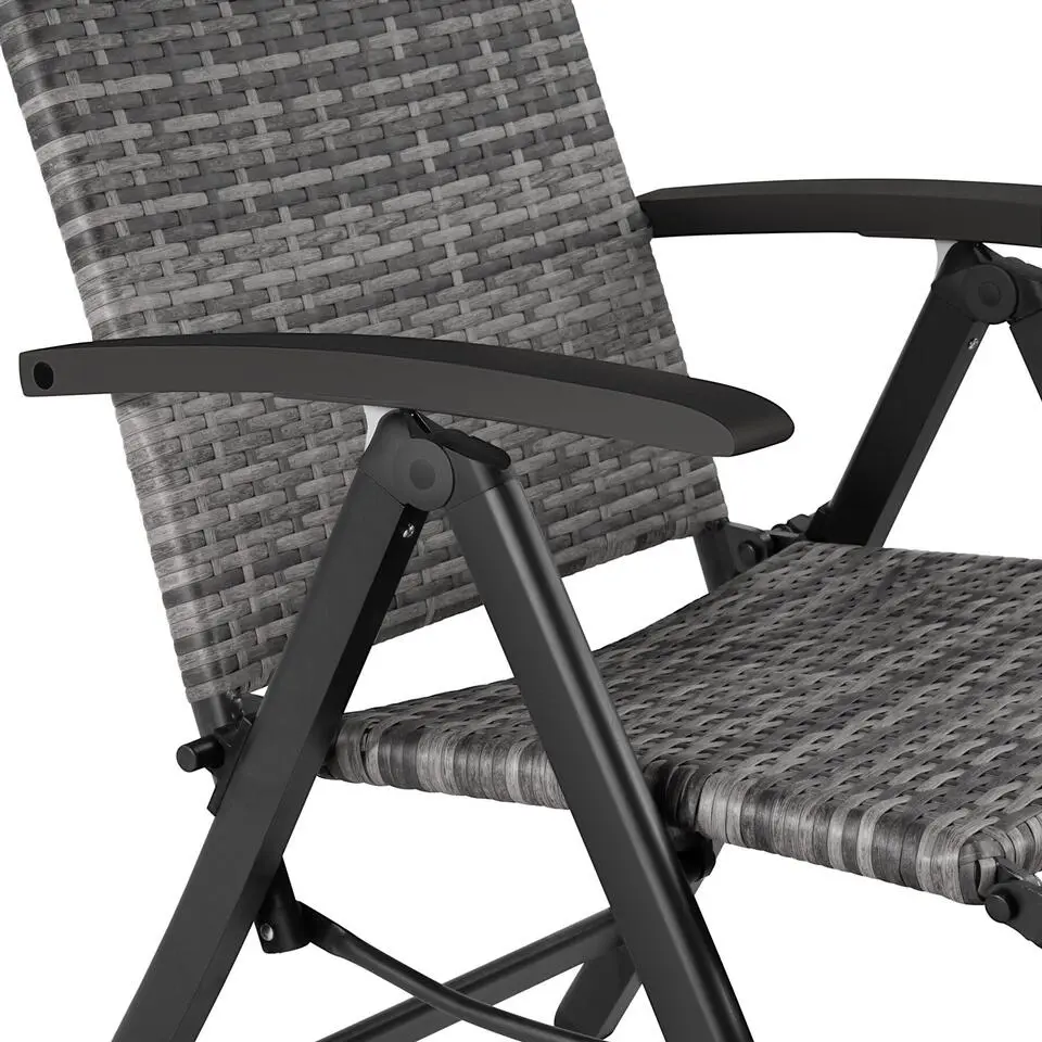 tectake Wicker tuinstoel opklapbaar met aluminium frame en voetsteun, Grijs