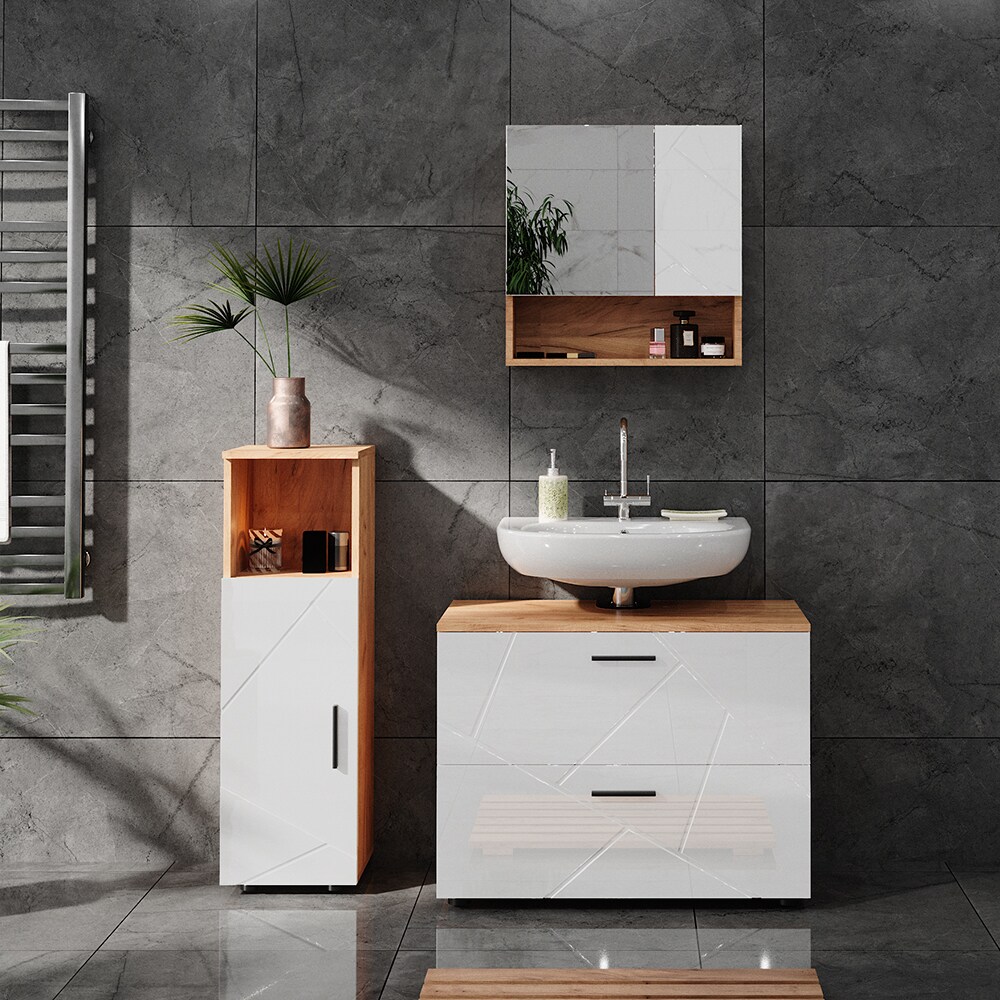 Vicco Badmöbelset Irma Eiche Weiß Hochglanz modern Badezimmerschrank Badschrank Badezimmermöbel Waschtischunterschrank Spiegelschrank Midischrank Schrankschublade Schranktür Schrankfach